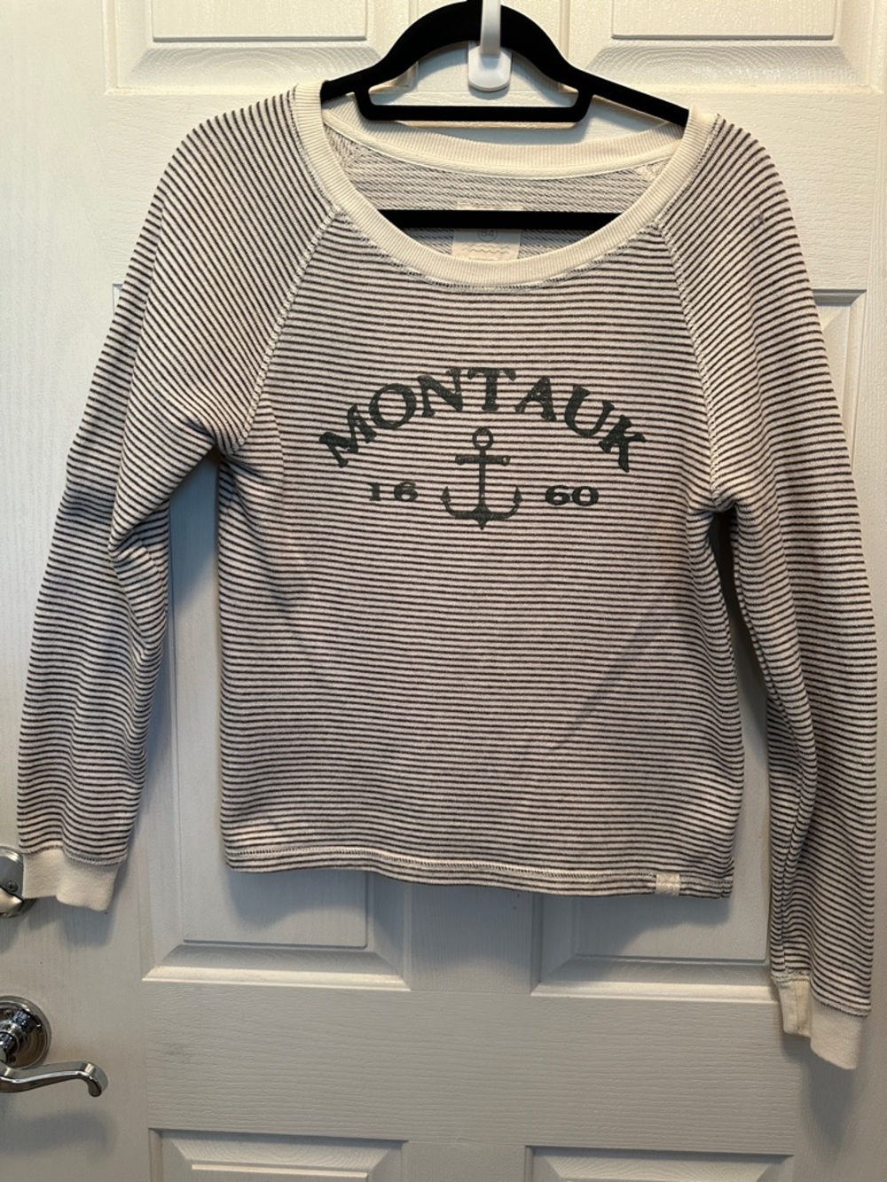 Blue 84 Women's Montauk Striped Crewneck French Terry Sweatshirt - White Gray Sm